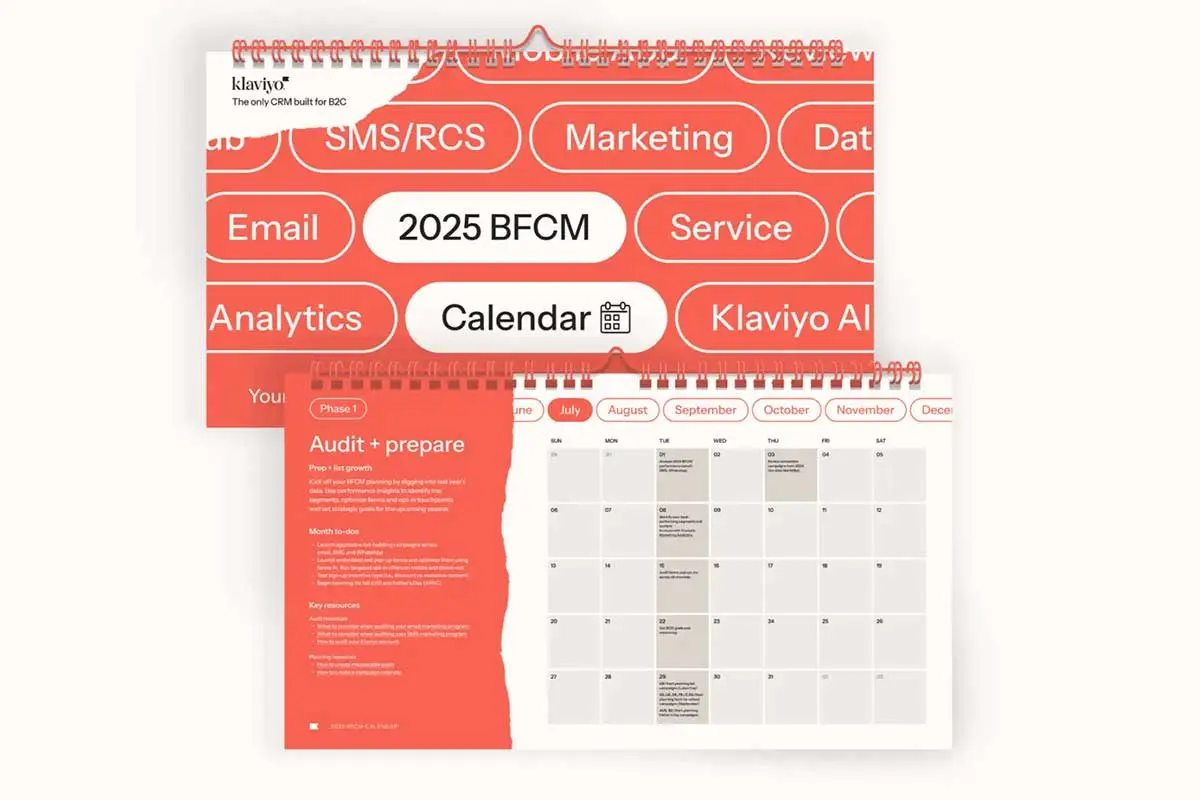 2025 BFCM calendar by Klaviyo, featuring marketing terms and a monthly planner with "Audit + prepare" phase details.