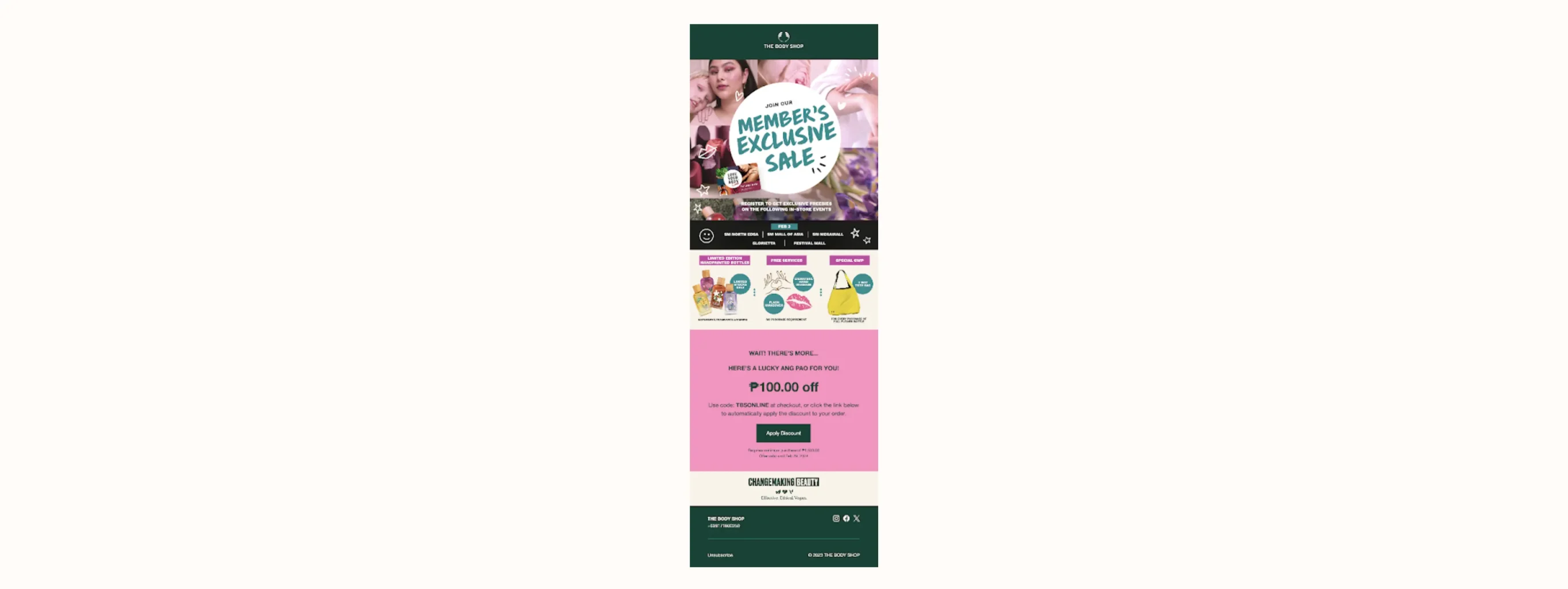 The Body Shop email promoting a member's exclusive sale, featuring discounts, limited edition items, and a special offer code.