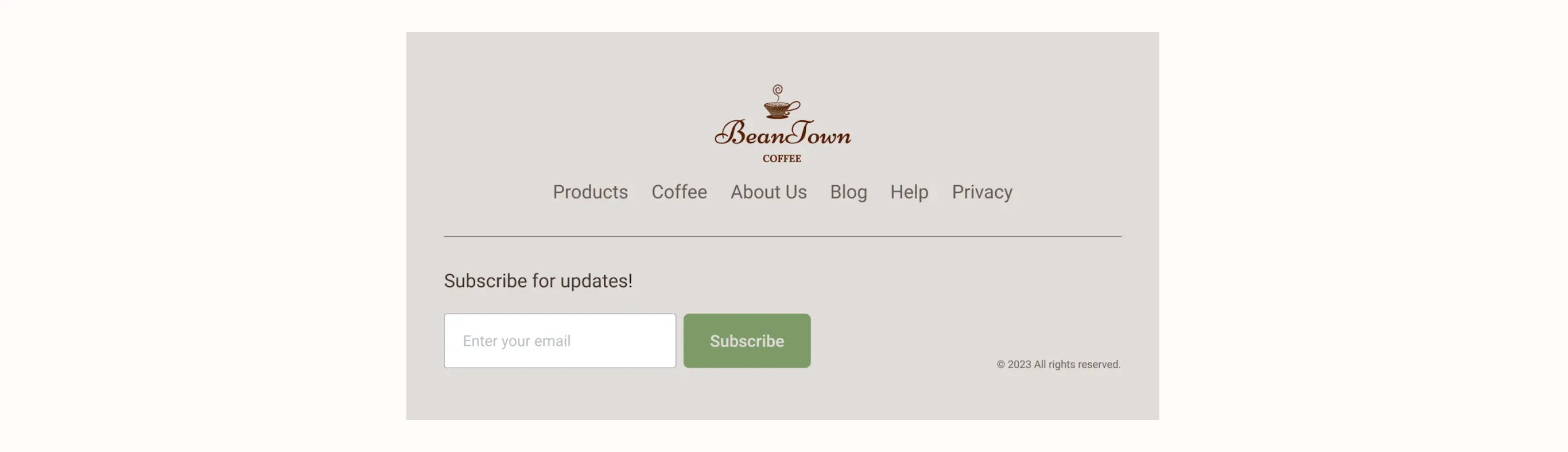 Beantown Coffee website footer with navigation links and email subscription form.
