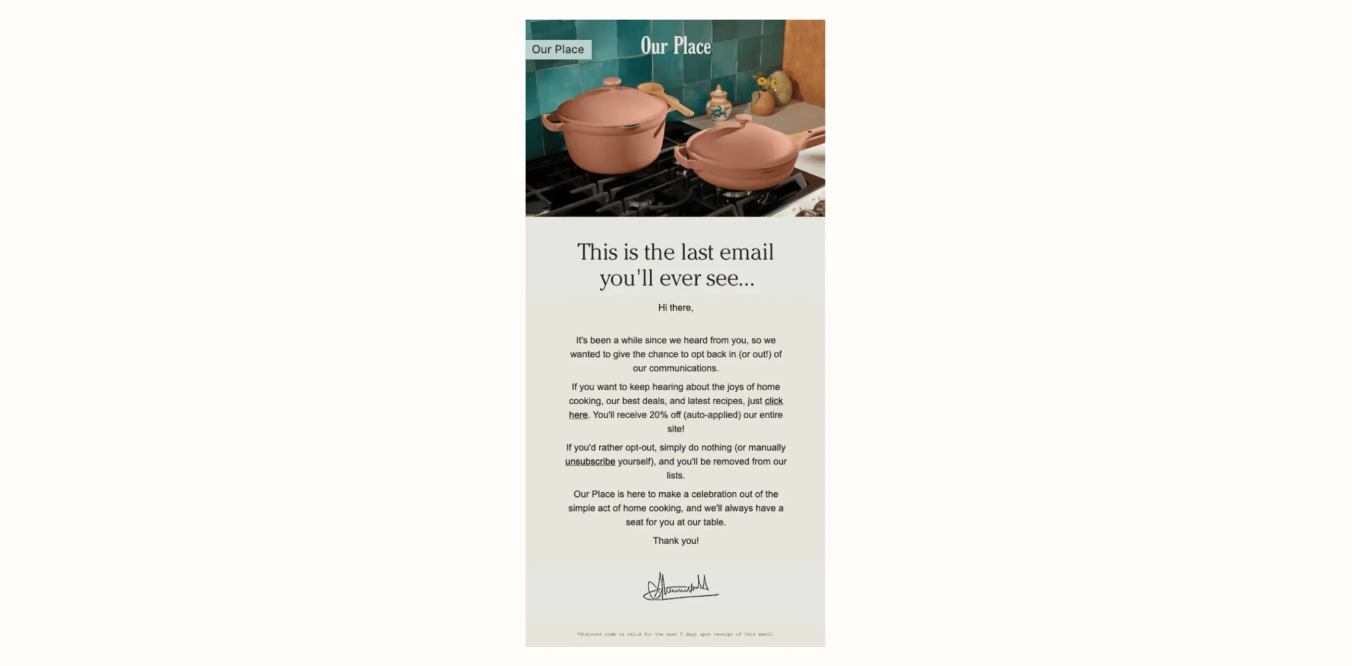 Email from Our Place featuring two pink pots on a stove, offering a 20% discount and opt-in for communications.