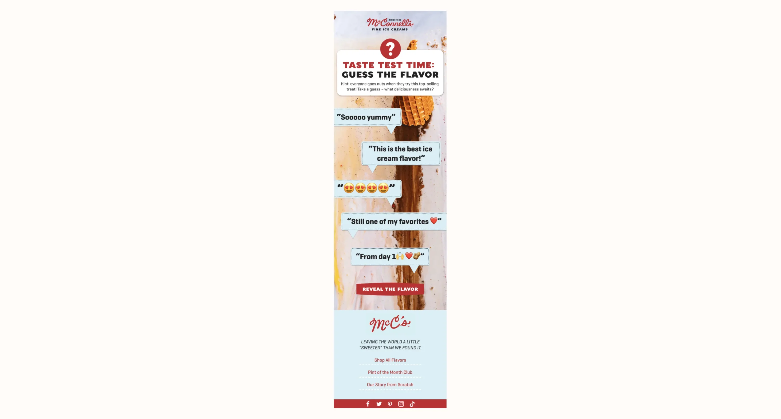 McConnell's Ice Cream quiz email featuring a "Taste Test Time: Guess the Flavor" challenge with customer quotes and a reveal button.