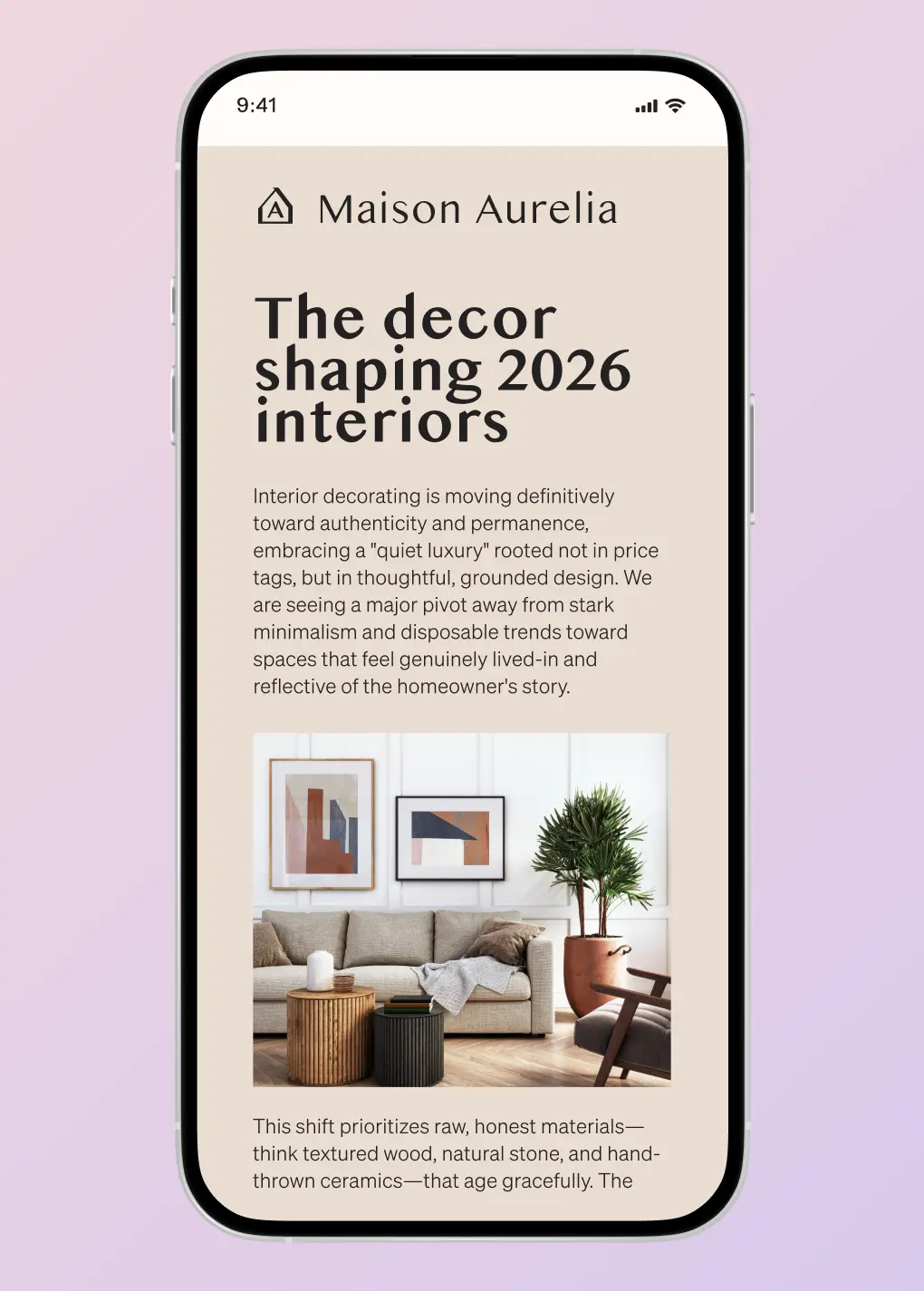 Mobile screen displaying an article titled "The decor shaping 2026 interiors" by Maison Aurelia, featuring a modern living room.