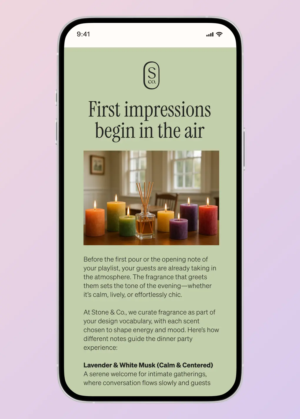Mobile screen displaying a Stone & Co. fragrance ad with lit candles and text about creating atmosphere with scents.