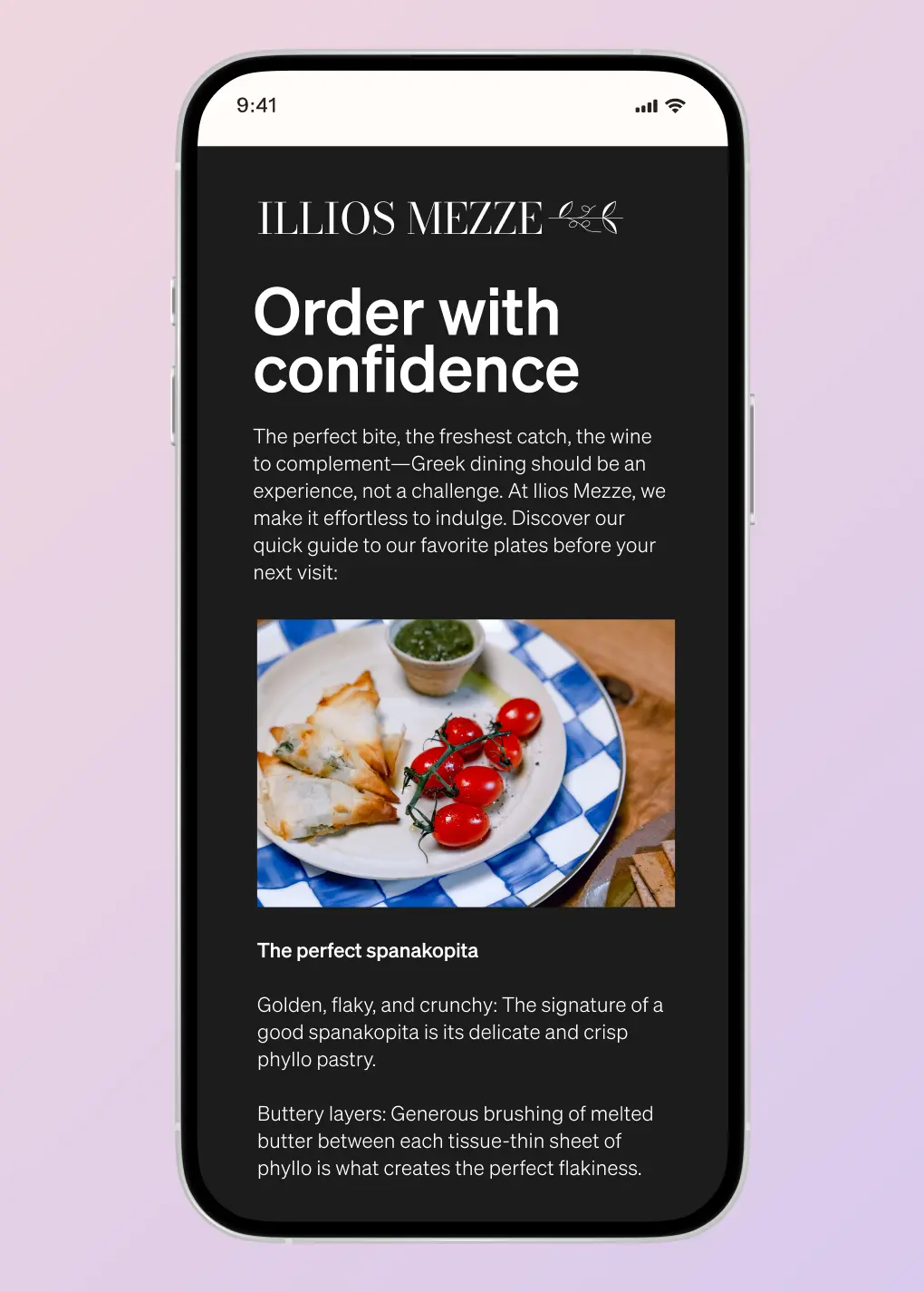 Mobile screen displaying a guide from Ilios Mezze titled "Order with confidence," featuring an image of spanakopita with cherry tomatoes.