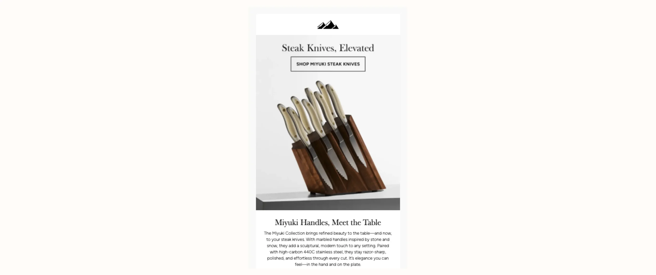 A set of steak knives with marbled handles in a wooden block. Text: "Steak Knives, Elevated. Shop Miyuki Steak Knives.