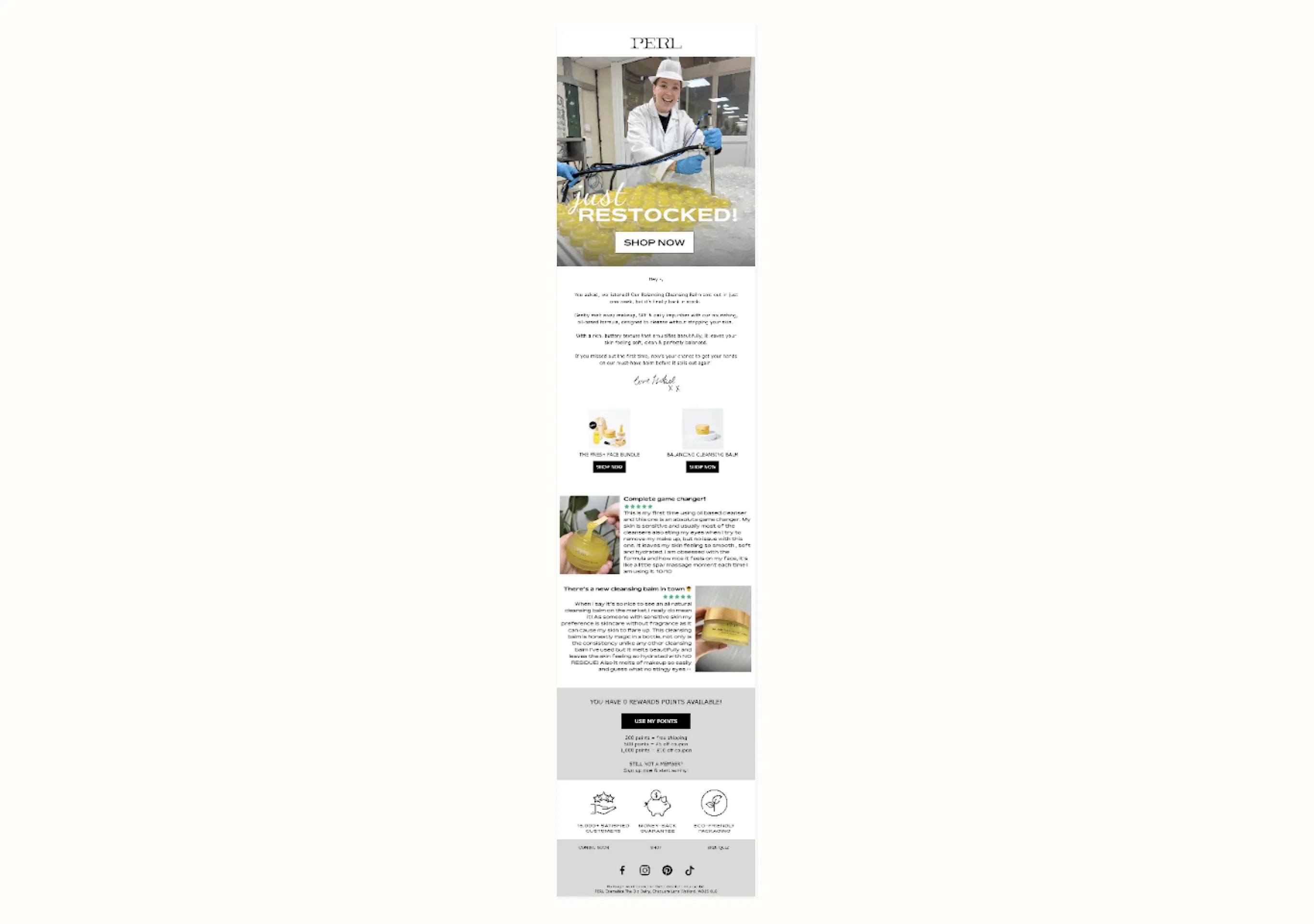 Email newsletter from PERL featuring a restock announcement with a person in a lab coat, product images, and a "Shop Now" button.