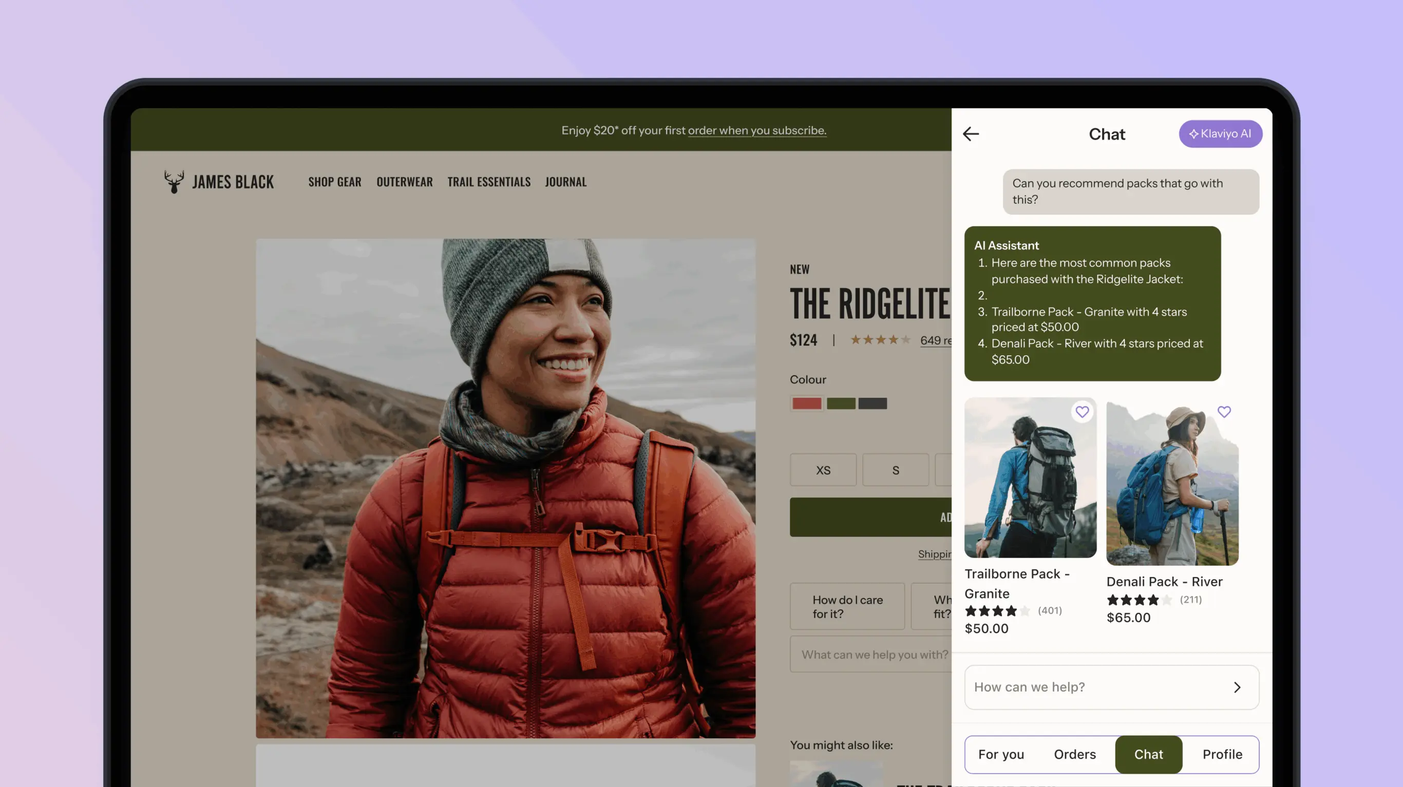 A tablet displaying a shopping website for "James Black" with a product page for "The Ridgelite Jacket." A chat window suggests compatible packs.