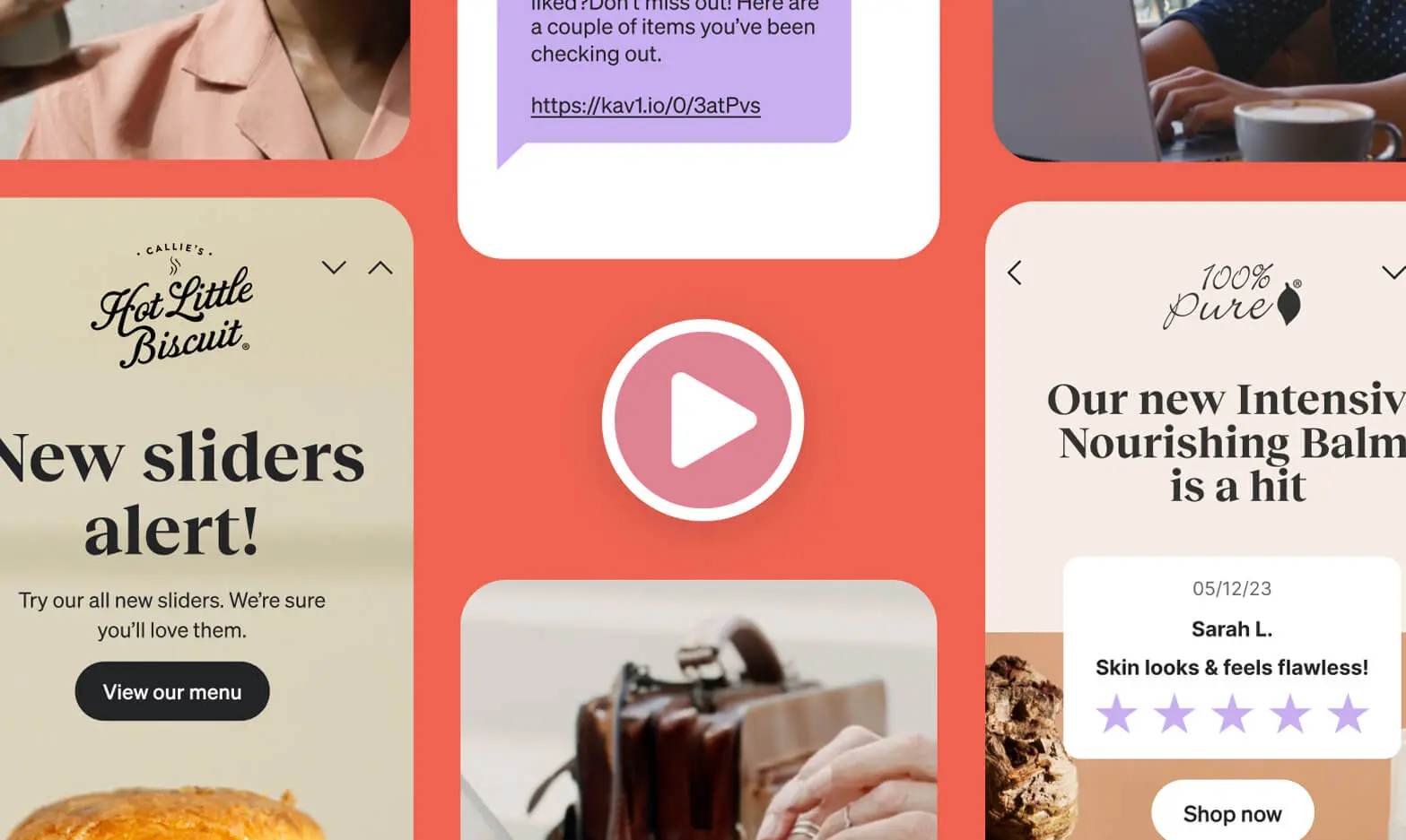 Collage of promotional content featuring a play button, text messages, and ads for "Hot Little Biscuit" and "100% Pure" products.