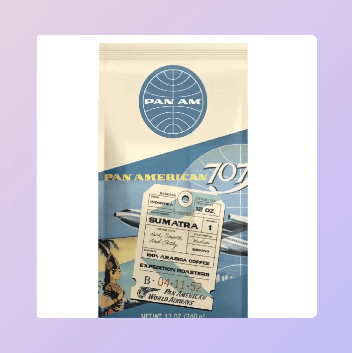 Pan Am-themed coffee bag featuring a vintage airline ticket design for Sumatra coffee, with a plane and cultural illustration.