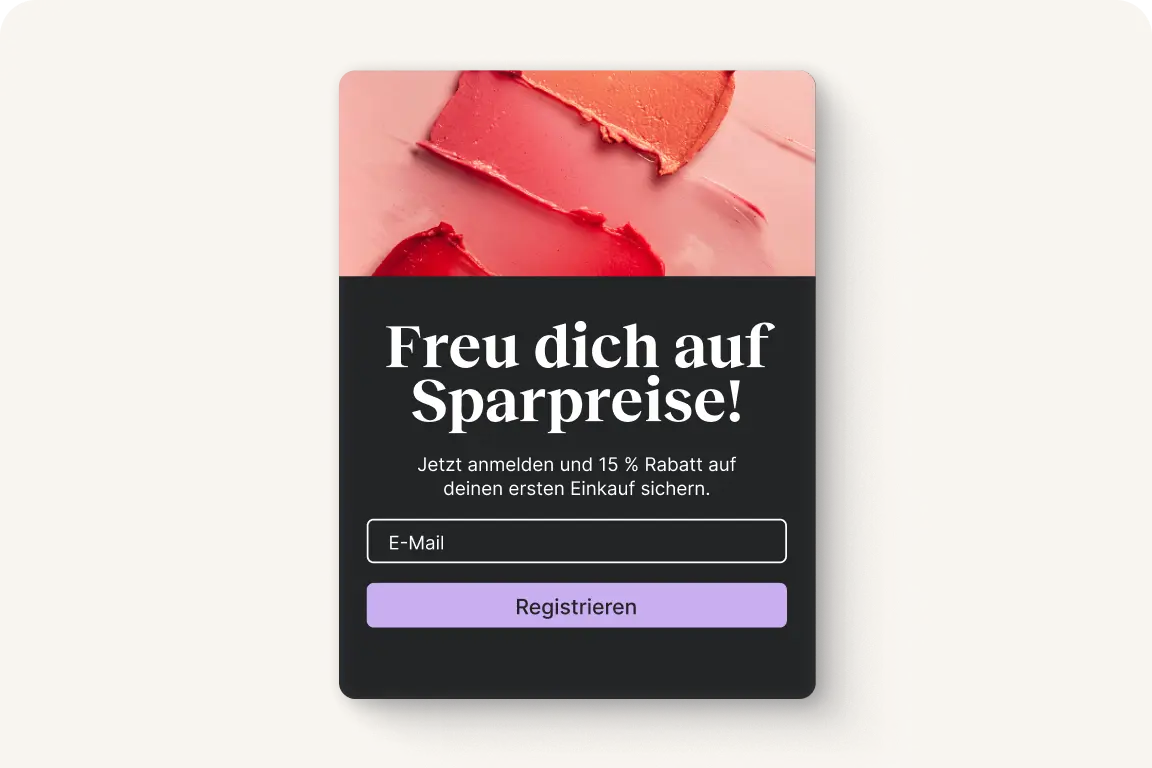 Registrierungsformular mit Text "Freu dich auf Sparpreise!" und einem Feld für E-Mail-Eingabe.