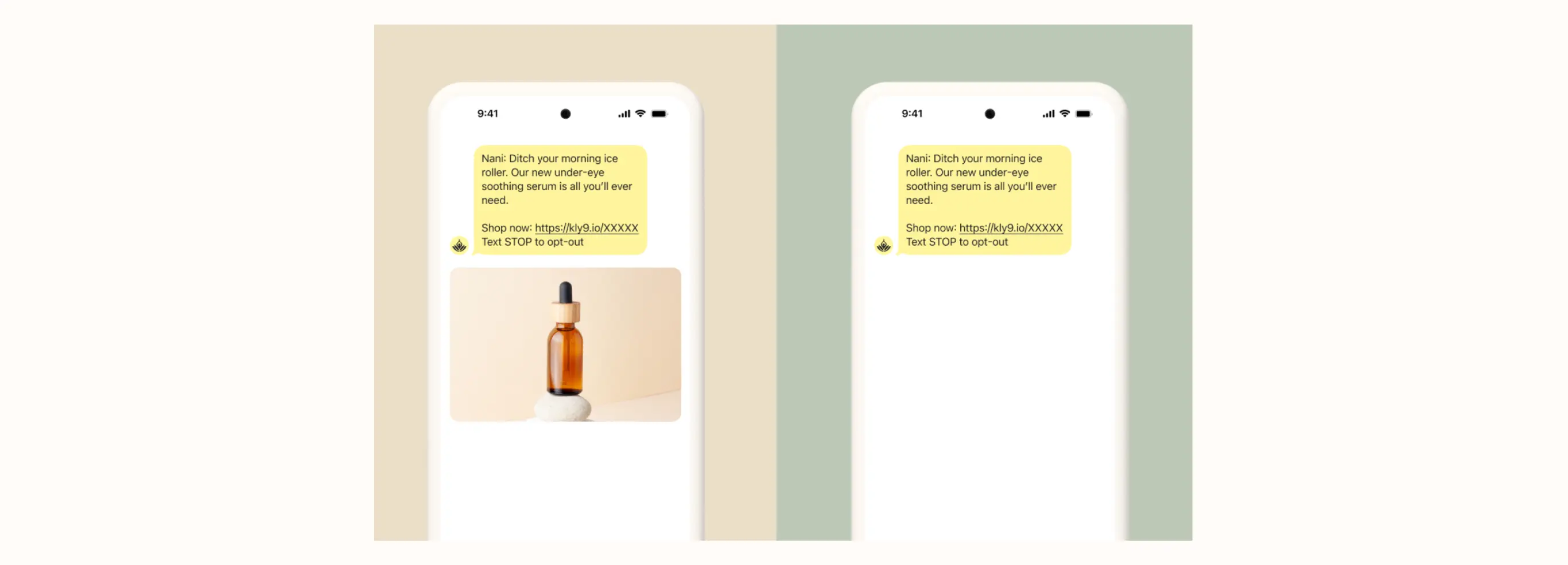 Zwei Smartphone-Bildschirme zeigen eine Werbenachricht für ein Augenserum mit einem Link und einem Bild einer Flasche.