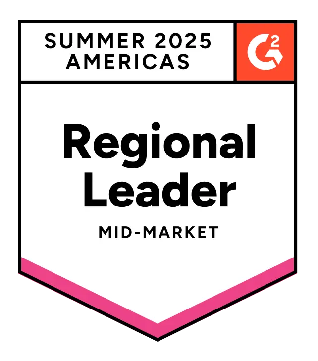 G2-Bade mit der Bezeichnung „Summer 2025 Americas Regional Leader Mid-Market“ mit G2-Logo