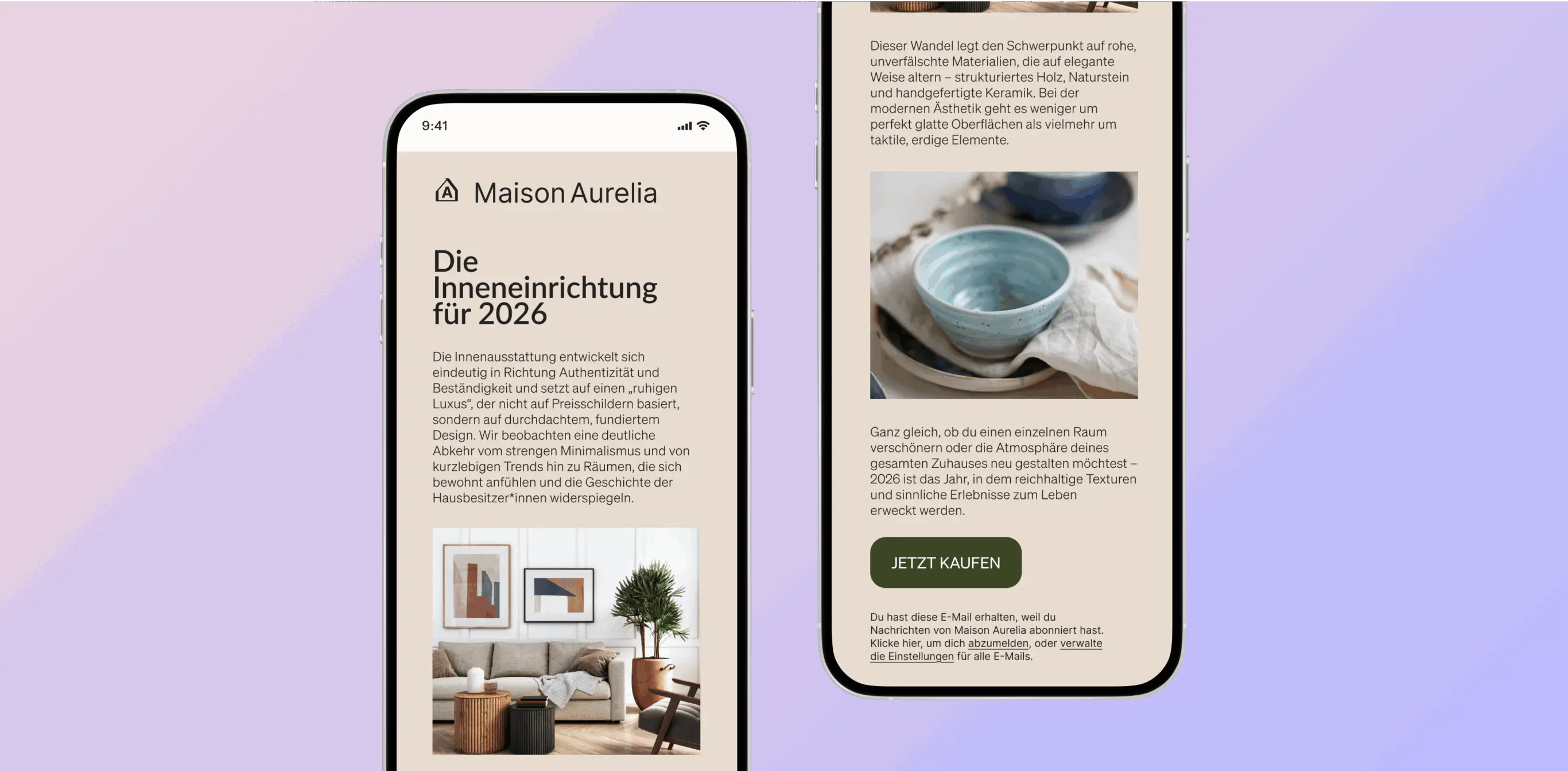Zwei Smartphones zeigen eine Webseite von Maison Aurelia zur Inneneinrichtung 2026. Links: Text und Bild eines Wohnzimmers. Rechts: Text und Bild einer Keramikschale.