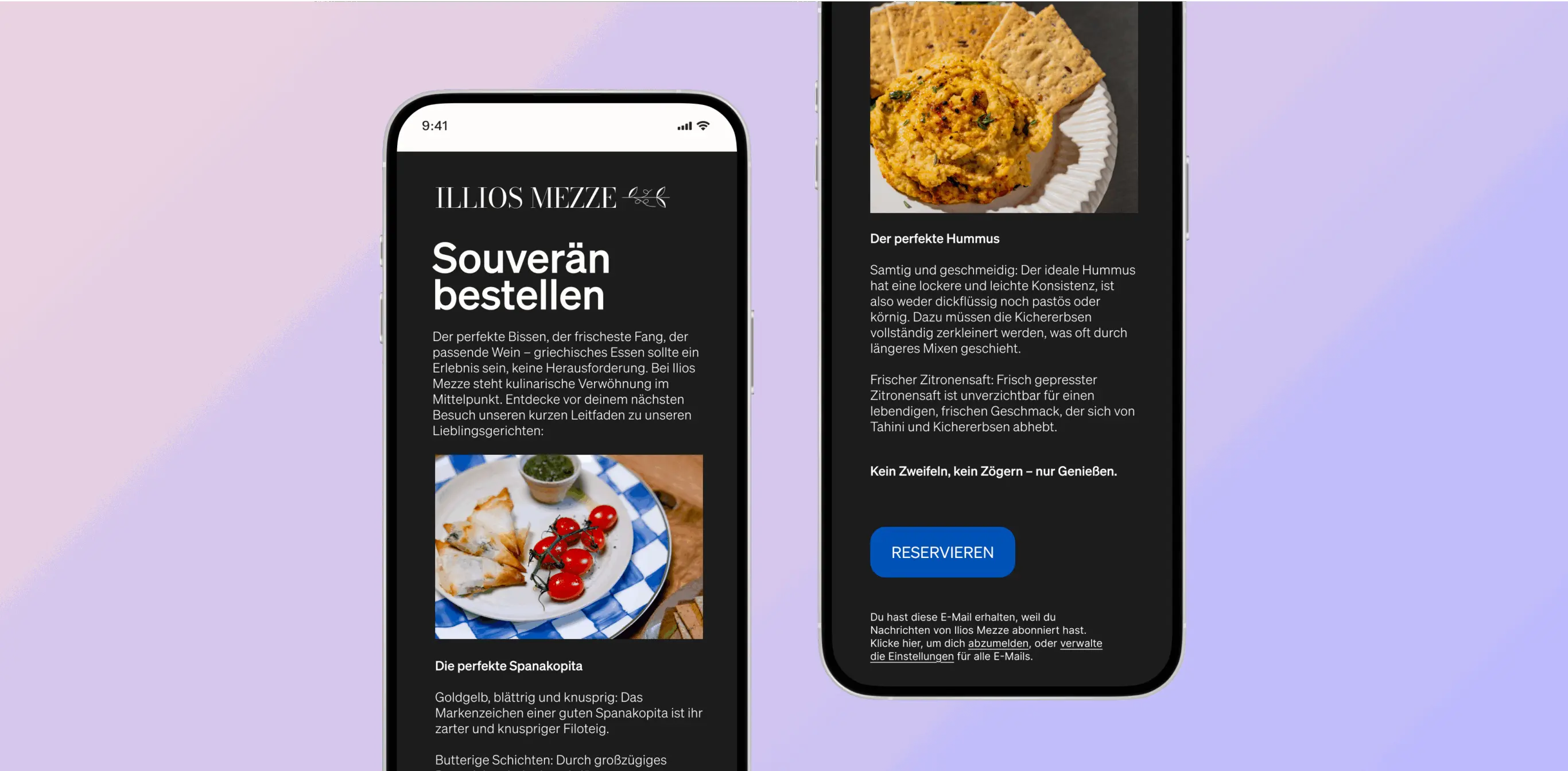 Zwei Smartphones zeigen eine Illios Mezze-App mit Texten und Bildern von Hummus und Spanakopita. Ein Button mit "RESERVIEREN" ist sichtbar.