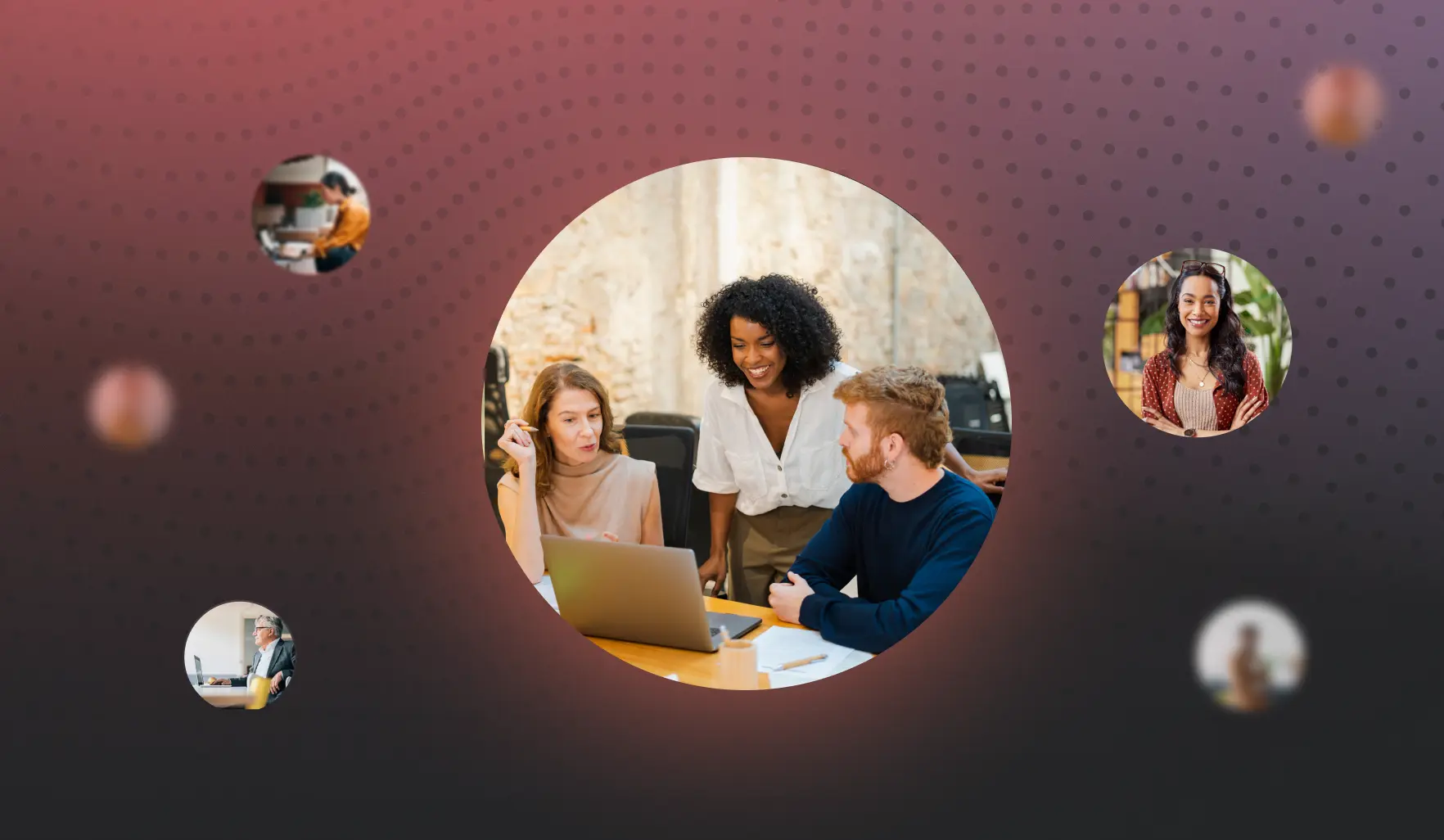 Gruppe von Menschen, die an einem Laptop arbeiten, umgeben von kleineren Bildern von Personen auf einem gepunkteten Hintergrund.