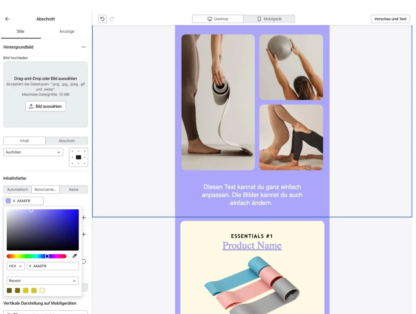 Bearbeitungsoberfläche eines Newsletter-Editors mit Bildern von Yoga-Übungen und Textanpassungsoptionen.