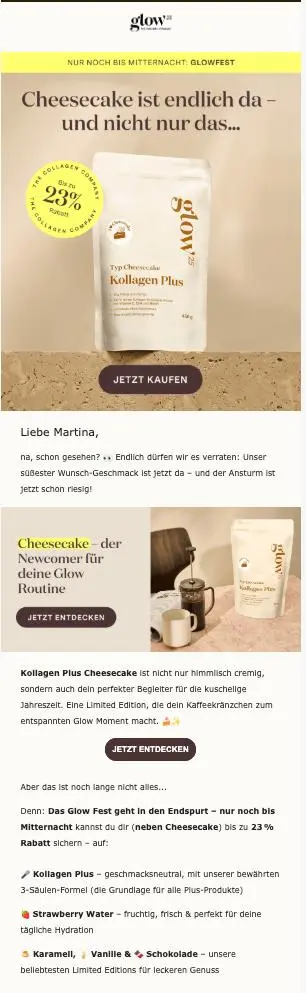 Glow25 Newsletter mit Werbung für Kollagen Plus Cheesecake. Produktabbildung, Rabattinformationen und Beschreibungstext.