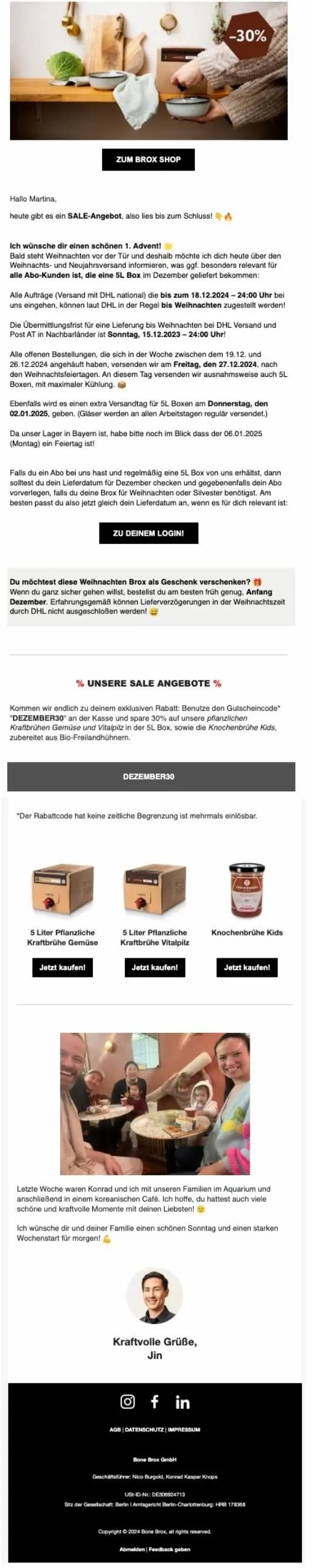 Newsletter von Bone Brox mit Black Friday Angeboten, Rabattcode "DEZEMBER30", und Produktbildern von Brüheboxen. Enthält persönliche Nachricht und Bild einer Gruppe in einem Café.