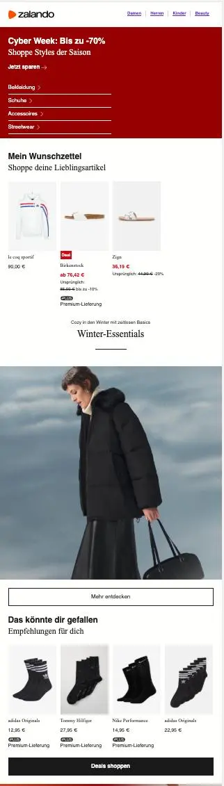 Zalando Newsletter mit Cyber Week Angeboten, bis zu 70% Rabatt. Produkte: Kleidung, Schuhe, Accessoires. Winter-Essentials vorgestellt.