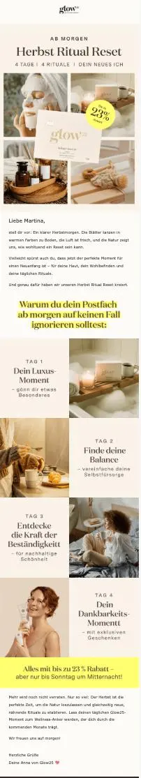 E-Mail-Newsletter von Glow mit dem Titel "Herbst Ritual Reset", zeigt Bilder von Wellness-Produkten und Ritualen für vier Tage.