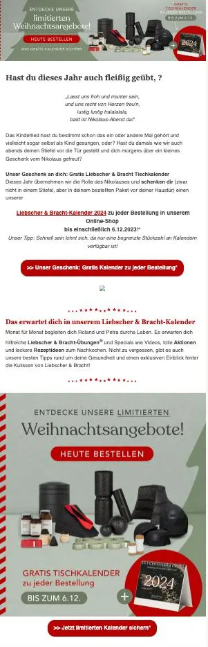 E-Mail-Marketing-Anzeige für limitierte Weihnachtsangebote von Liebscher & Bracht, inklusive Gratis-Tischkalender bei Bestellung.