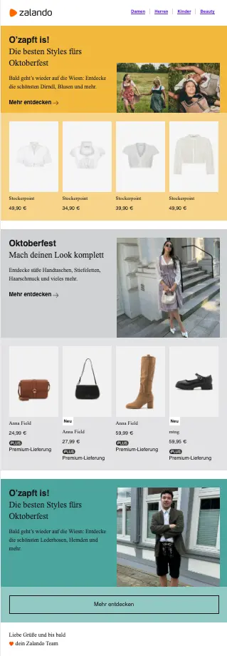 Zalando E-Mail mit Oktoberfest-Mode: Dirndl, Blusen, Accessoires. Bilder von Modellen in Trachten, Produktpreise und Marken.