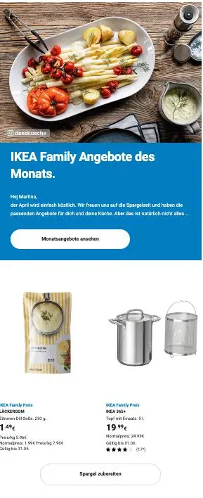IKEA Family Angebote des Monats mit Spargelgericht, Küchenutensilien und Produkten wie Knäckebrot und Topf.