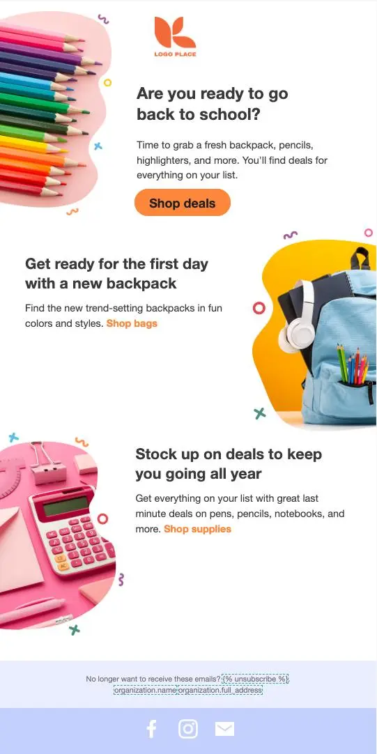 Bunte Stifte, Rucksack, Kopfhörer und rosa Taschenrechner mit Text zu Schulanfangsangeboten. Enthält Schaltflächen für Angebote.