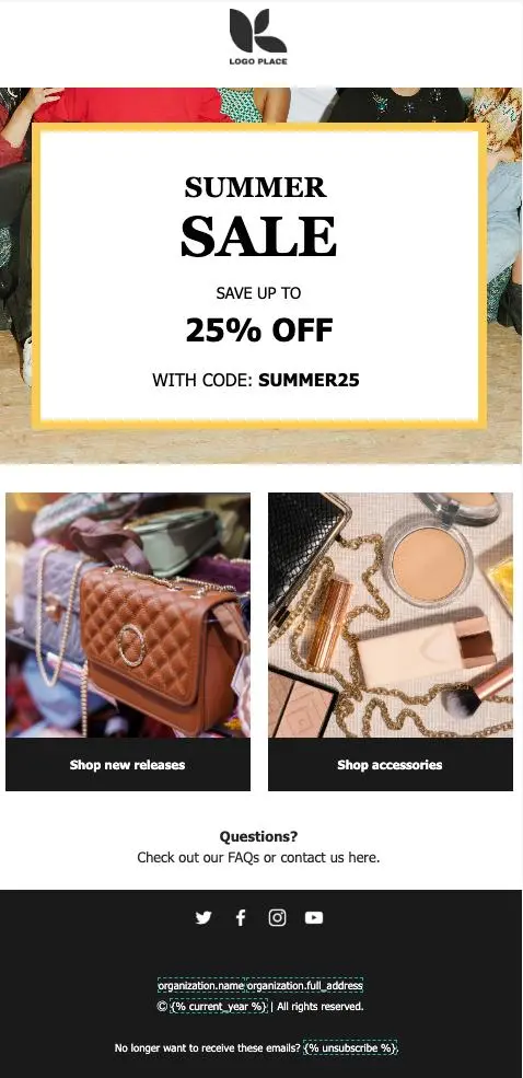 Sommer-Sale-E-Mail-Vorlage mit 25 % Rabattcode "SUMMER25". Bilder von Handtaschen und Accessoires. Links zu FAQs und sozialen Medien.