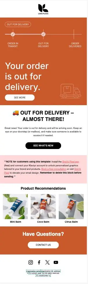 Bestätigungs-E-Mail-Vorlage für Versandbenachrichtigung mit Lieferstatus, Produktvorschlägen (Mint Balm, Coco Balm, Citrus Balm) und Kontaktoptionen.