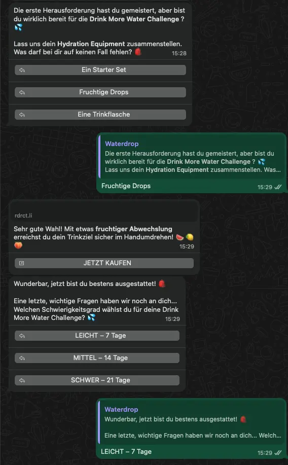 WhatsApp-Chat über die "Drink More Water Challenge" mit Auswahloptionen für Hydration Equipment und Schwierigkeitsgrad.