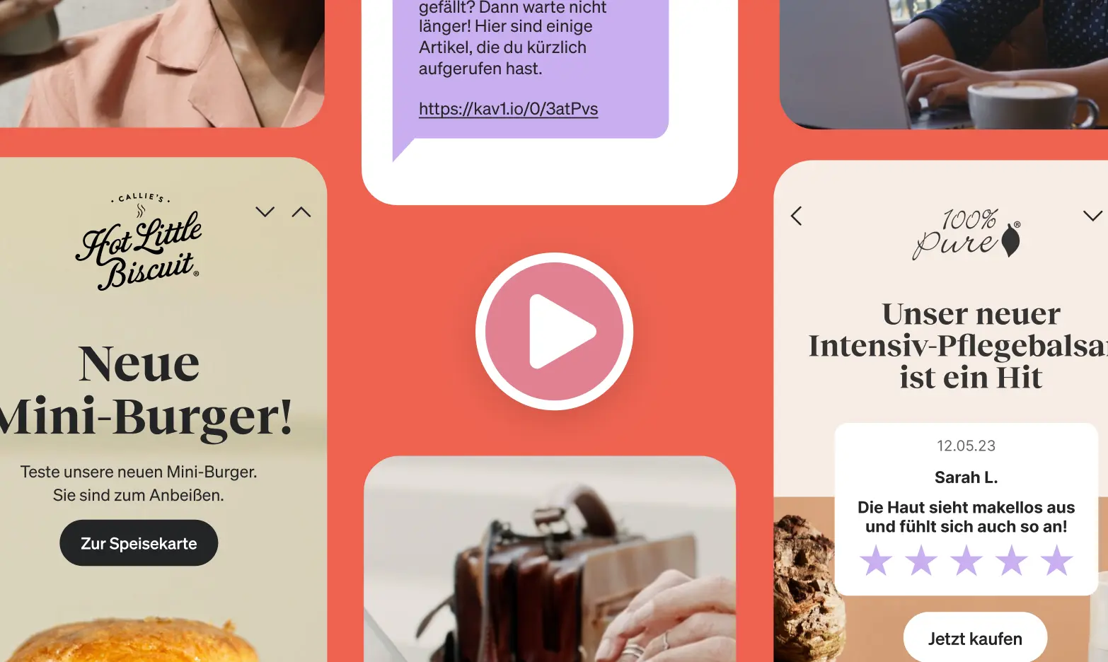 Collage mit Werbung für Mini-Burger, Hautpflegebalsam und einer Textnachricht. Play-Button in der Mitte.