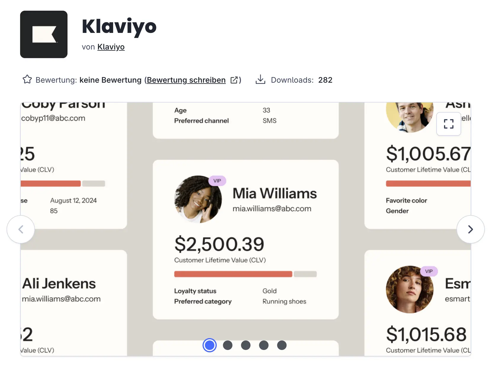 Klaviyo-Dashboard mit Kundenprofilen, einschließlich Mia Williams mit einem Customer Lifetime Value von $2.500,39.