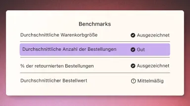 Benchmarks-Tabelle mit vier Kategorien: Warenkorbgröße (Ausgezeichnet), Anzahl der Bestellungen (Gut), Retourenprozentsatz (Ausgezeichnet), Bestellwert (Mittelmäßig).