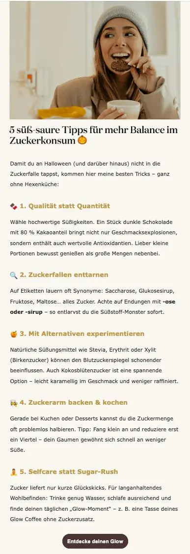 Frau isst einen Keks. Text: "5 süß-saure Tipps für mehr Balance im Zuckerkonsum" mit Tipps zur Reduzierung von Zucker.