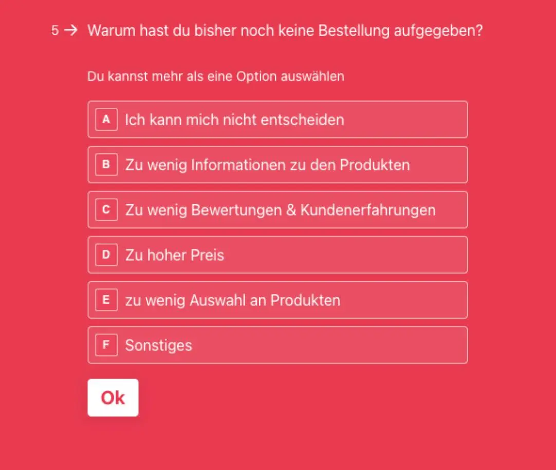 Umfrage zur Bestellverzögerung mit Optionen: Entscheidungsschwierigkeiten, Informationsmangel, Bewertungen, Preis, Auswahl, Sonstiges.