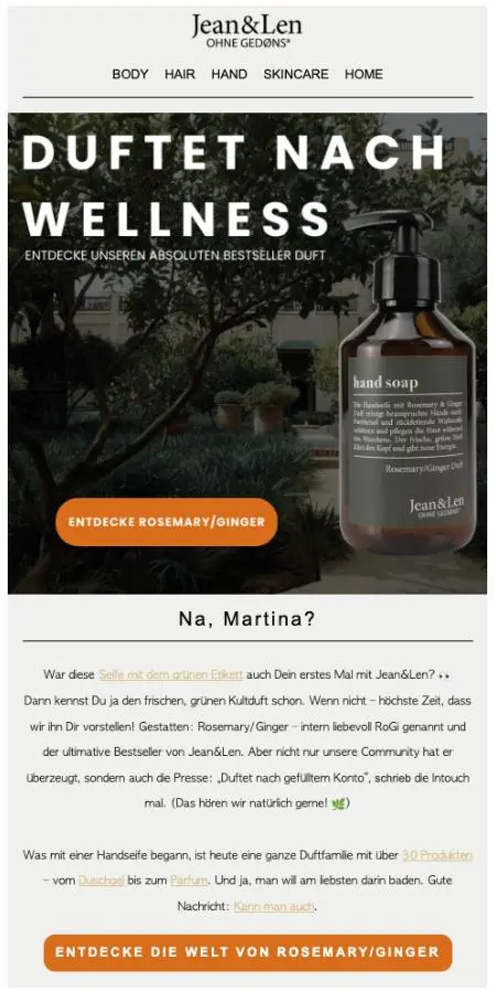Jean & Len Werbeanzeige für Handseife mit Rosmarin-Ingwer-Duft. Text: "Duftet nach Wellness". Button: "Entdecke Rosemary/Ginger".