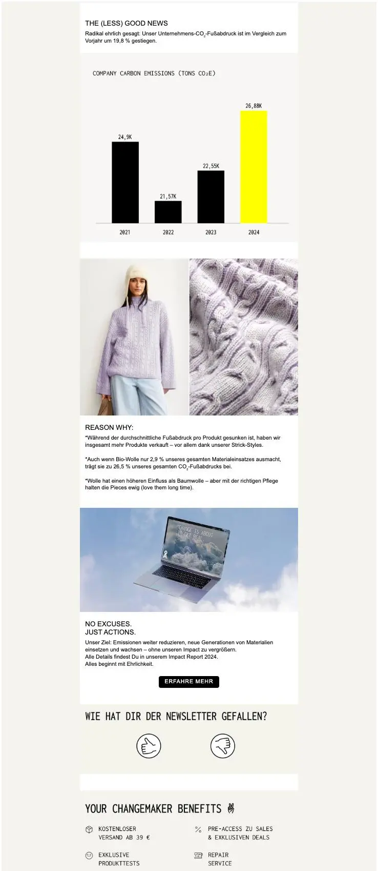 Infografik zeigt CO₂-Emissionen von 2021 bis 2024. Frau in lila Strickpullover, Laptop mit Text "Change is about to get real", Text über Nachhaltigkeit.