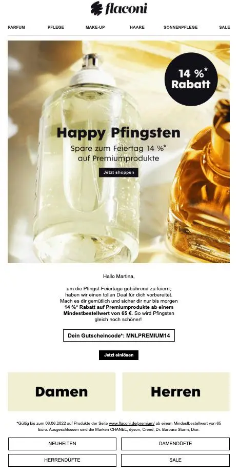 Flaconi-Werbung mit 14 % Rabatt auf Premiumprodukte zu Pfingsten, Flaschenabbildungen, Gutschein-Code und Kategorien für Damen und Herren.