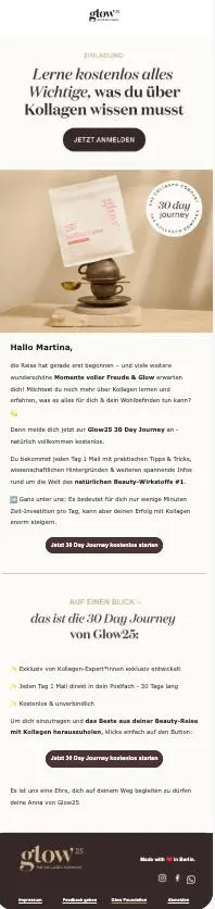Ein Newsletter von Glow25 mit Einladung zur "30 Day Journey". Enthält Anmeldebutton und Informationen über die Inhalte des Programms.