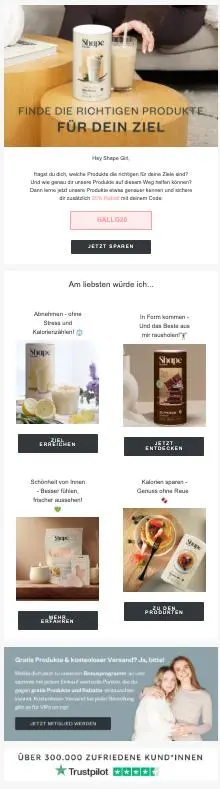 Willkommensmail von Shape Republic mit Produktbildern und Angeboten für Fitness- und Ernährungsziele. Enthält Trustpilot-Bewertung.