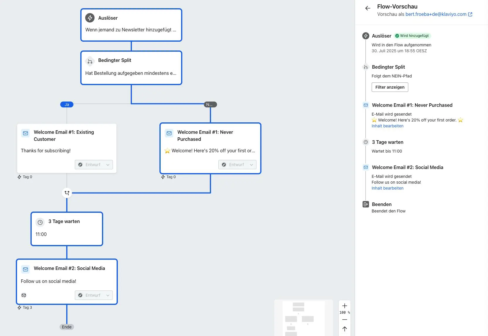 Flow-Diagramm in Klaviyo zeigt Willkommens-E-Mail-Sequenz mit bedingtem Split, E-Mails für Neukunden und Bestandskunden, und Wartezeit.