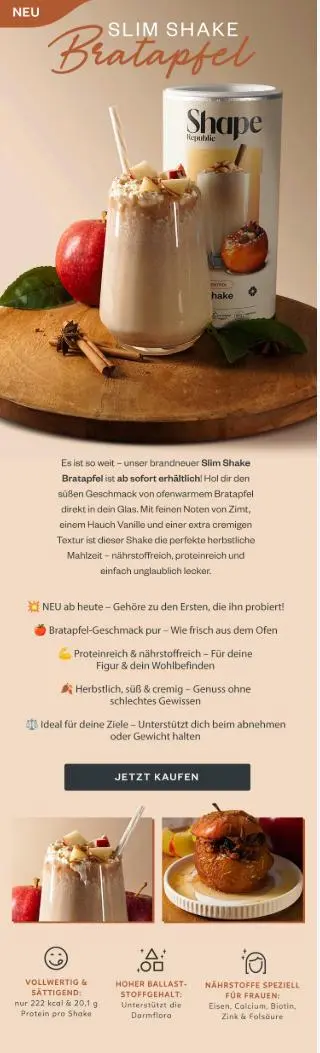 Slim Shake Bratapfel-Werbung mit Bild eines Shakes, Apfel, Zimtstangen und Produktbeschreibung. Button: "JETZT KAUFEN".