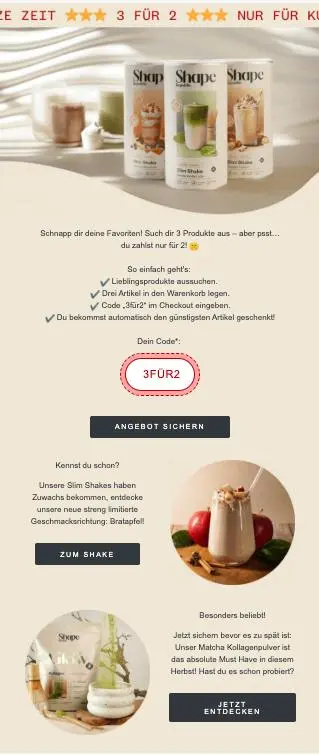 Werbung für Shape Republic mit drei Shakes, einem Rabattcode "3FÜR2" und Informationen zu Slim Shakes und Matcha Kollagenpulver.