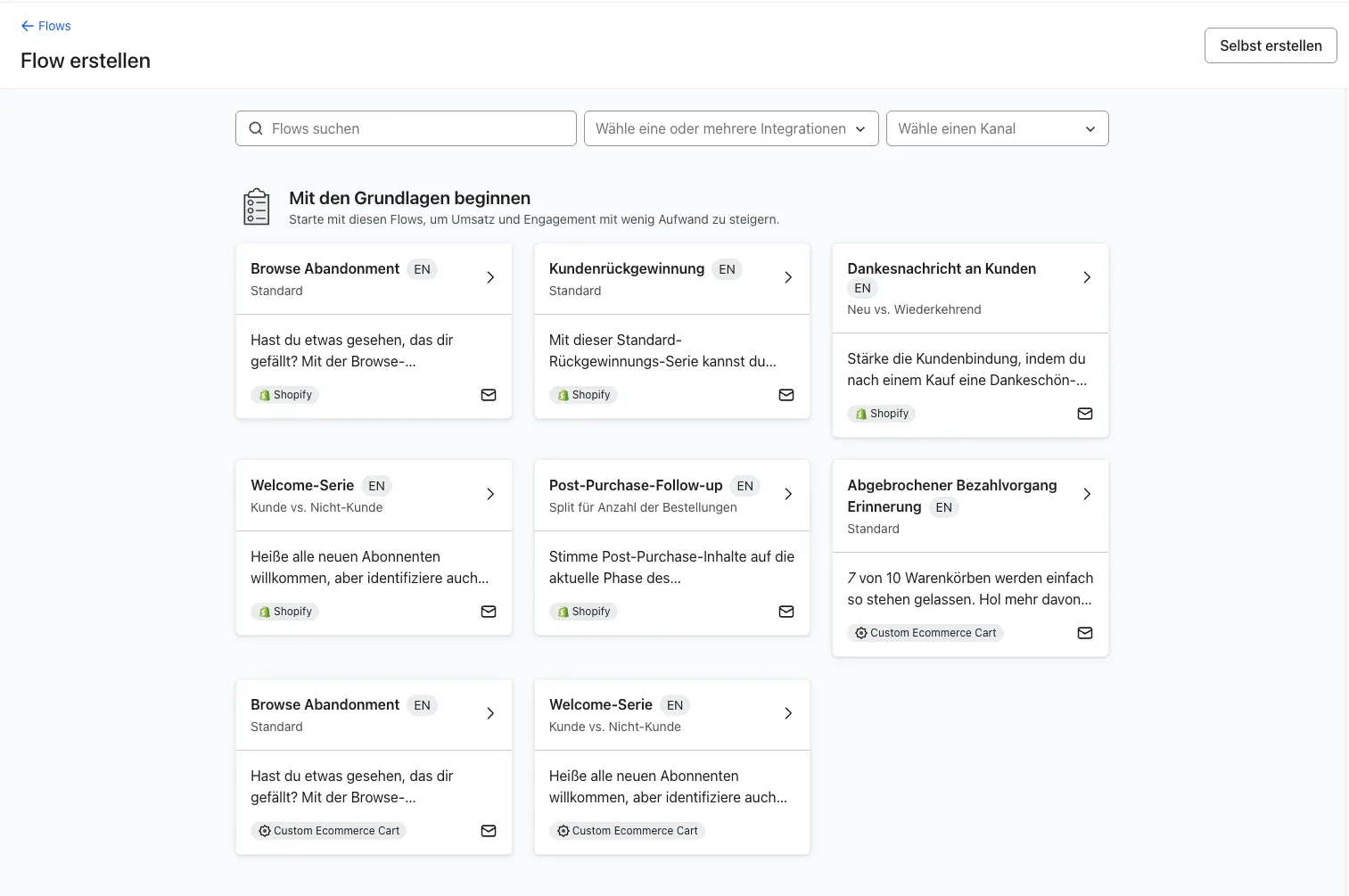 Benutzeroberfläche zur Erstellung von E-Mail-Flows mit vorkonfigurierten Optionen wie Browse-Abandonment und Willkommensserie.