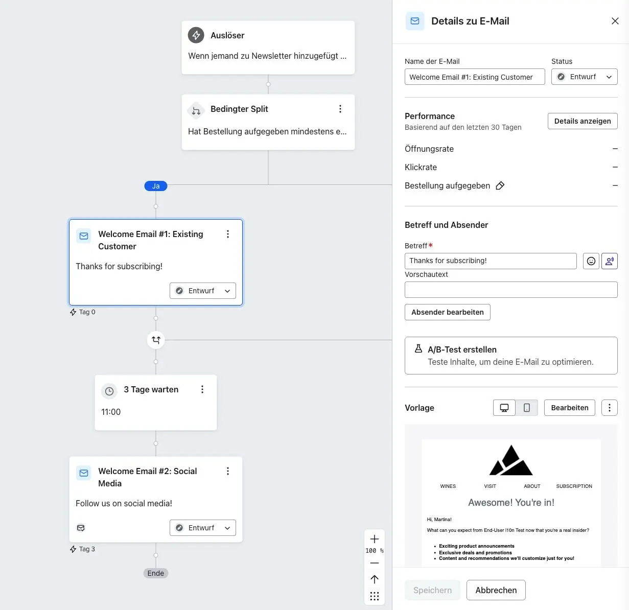 E-Mail-Automatisierungs-Workflow mit Willkommensnachrichten für bestehende Kunden und Social Media, inklusive Bearbeitungsoptionen.