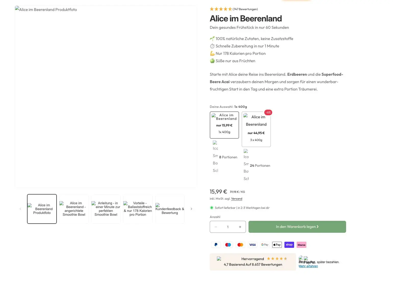 Produktseite für "Alice im Beerenland" mit Preisangaben, Produktbeschreibung und Kaufoptionen. Bewertungen: 4,7 von 5 Sternen.