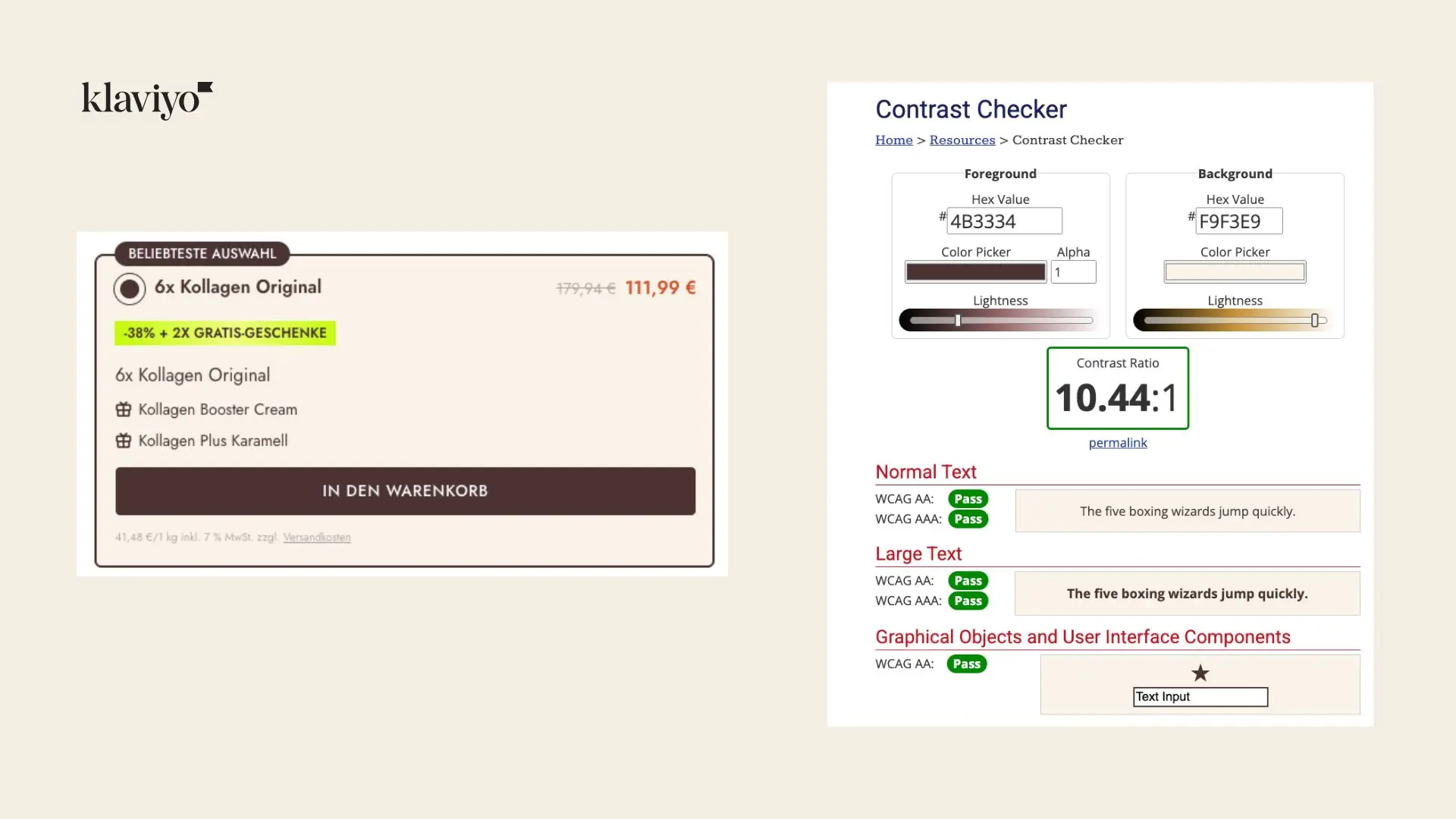 Kollagen-Produktangebot mit Rabatt und Gratisgeschenken. Rechts ein Kontrast-Checker mit Farbwerten und Kontrastverhältnis 10.44:1.
