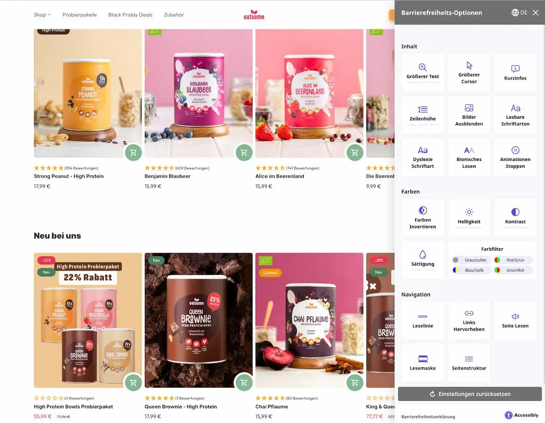 Oatsome-Website mit Produktangeboten für High-Protein-Müslis und einem Widget für Barrierefreiheits-Optionen.