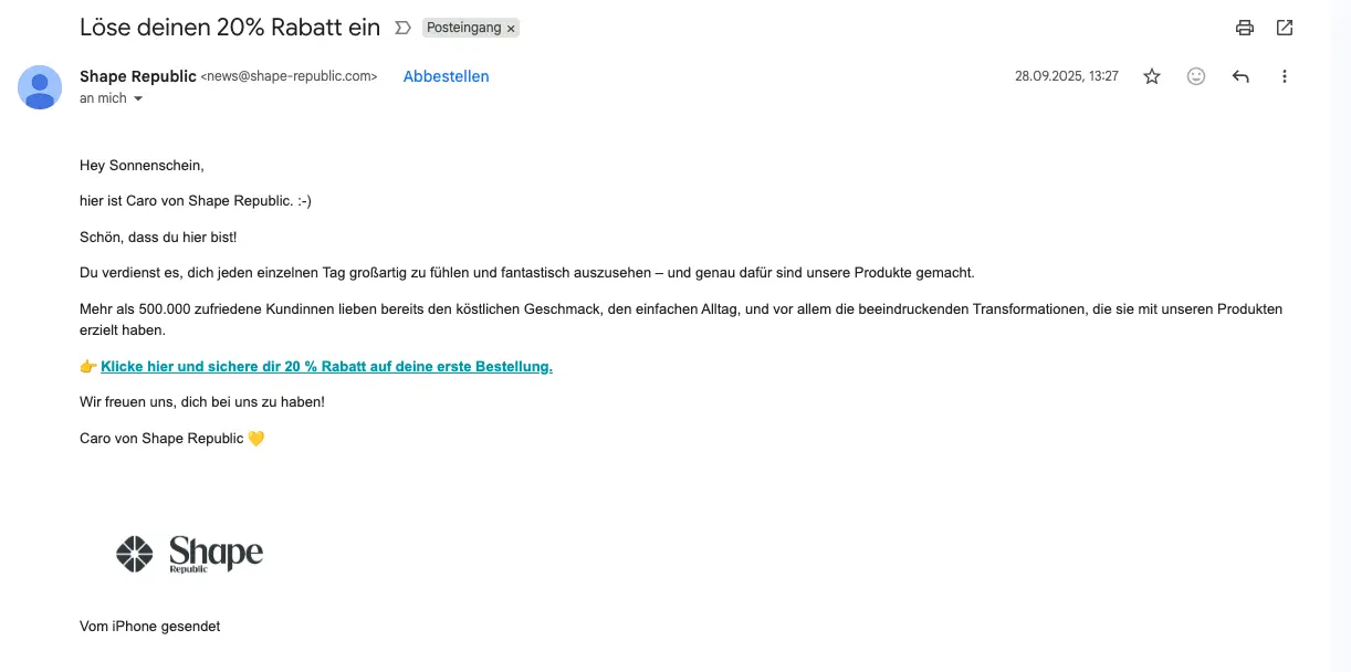 Willkommens-E-Mail von Shape Republic mit 20 % Rabattangebot auf die erste Bestellung, gesendet von Caro.